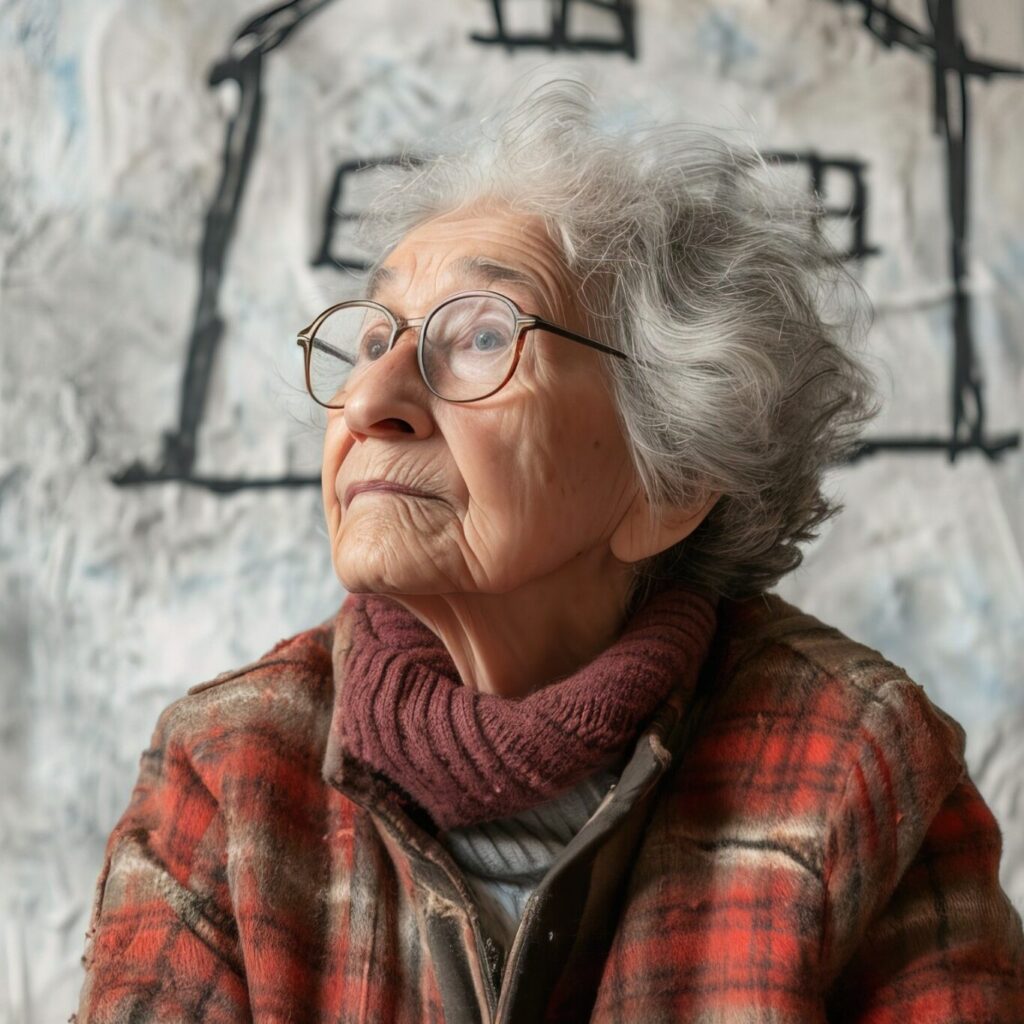 senior woman with house drawn wall quadrat or